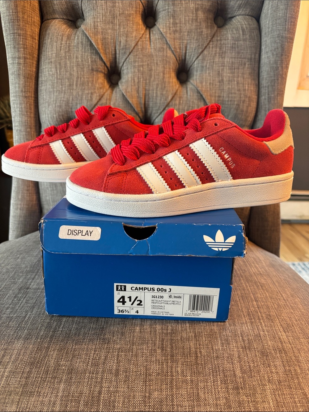 adidas Kids Campus Red Suede Sneakers with White Stripes